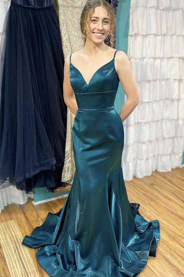 Blue satin long prom dress mermaid evening dress    cg17941