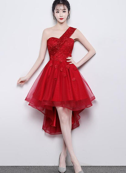 Cute One Shoulder Sweetheart Tulle High Low Party Dress, Red Homecoming Dress cg1795
