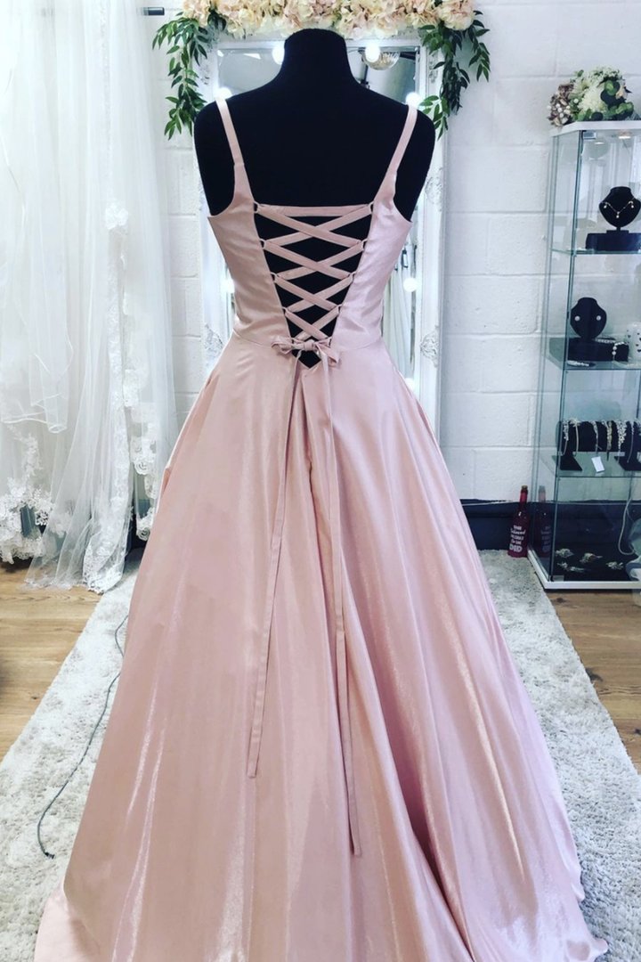 Pink v neck satin long prom dress A line evening dress    cg17964