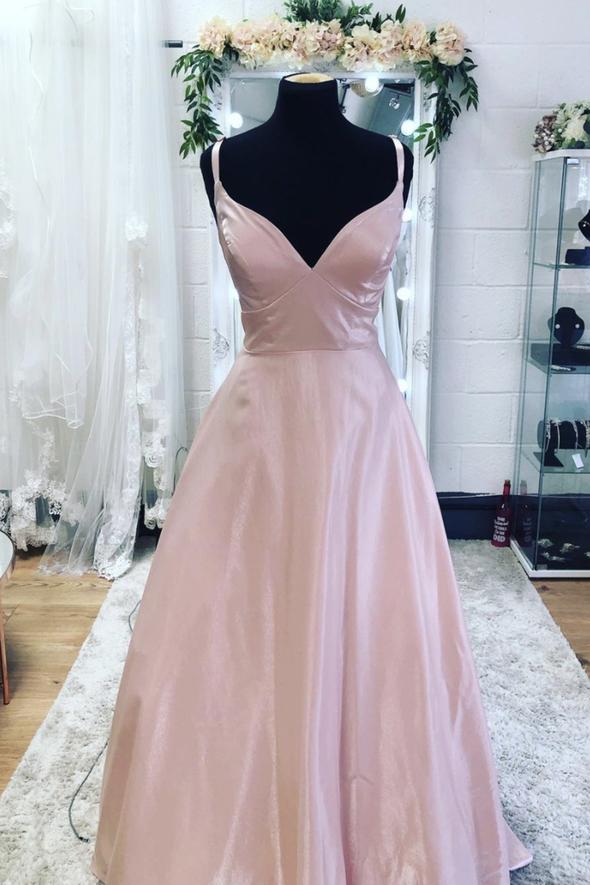 Pink v neck satin long prom dress A line evening dress    cg17964