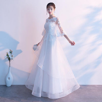 White Tulle With Lace Short Sleeves Layers Tulle Prom Dress, White Simple Wedding Party Dress   cg17967