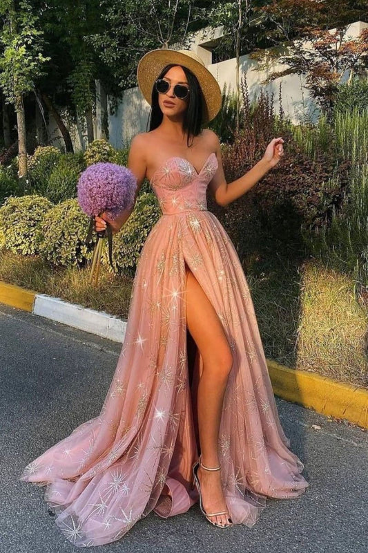Pink sweetheart neck tulle long prom dress pink bridesmaid dress    cg17973