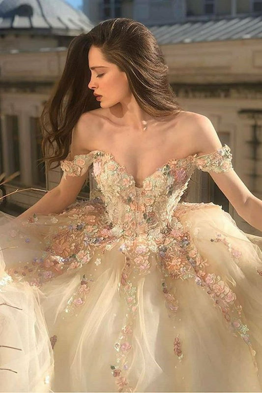 Gorgeous Off Shoulder Champagne Lace Floral Prom Dress    cg17990
