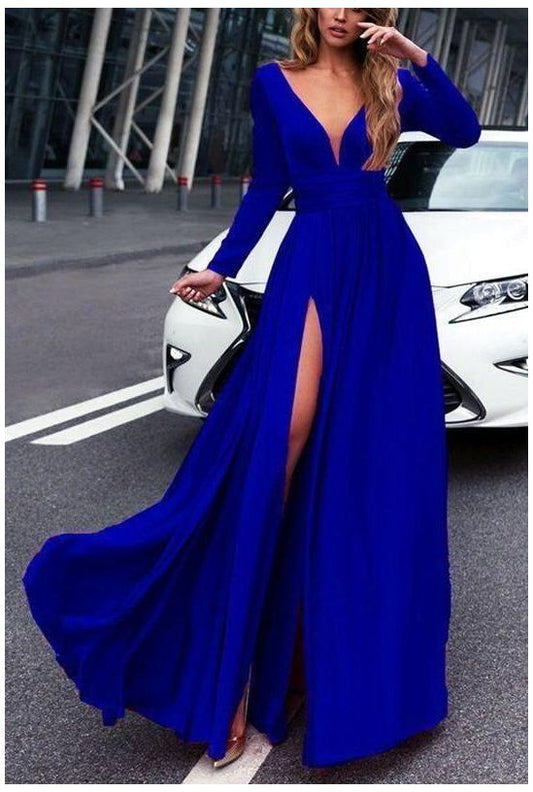 A Line V Neck Long Sleeves Green/Black/Royal Blue Long Prom Dresses, Formal Dresses With Sleeves    cg18006