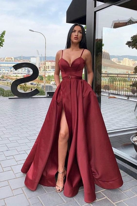 Straps A-Line Maroon Long Prom Dress with Slit     cg18007