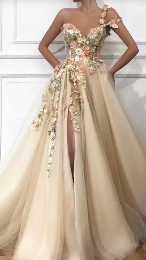 One Shoulder Sweetheart Tulle 3D FLower Prom Dress Formal Dress With Split   cg18038