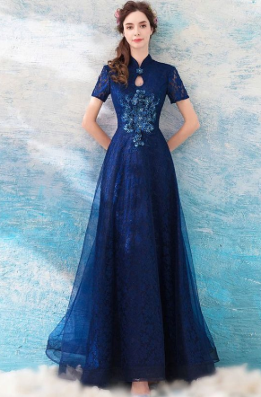 Elegant Navy Blue A Line Tulle Formal prom Party Dress With Short Sleeves cg1814
