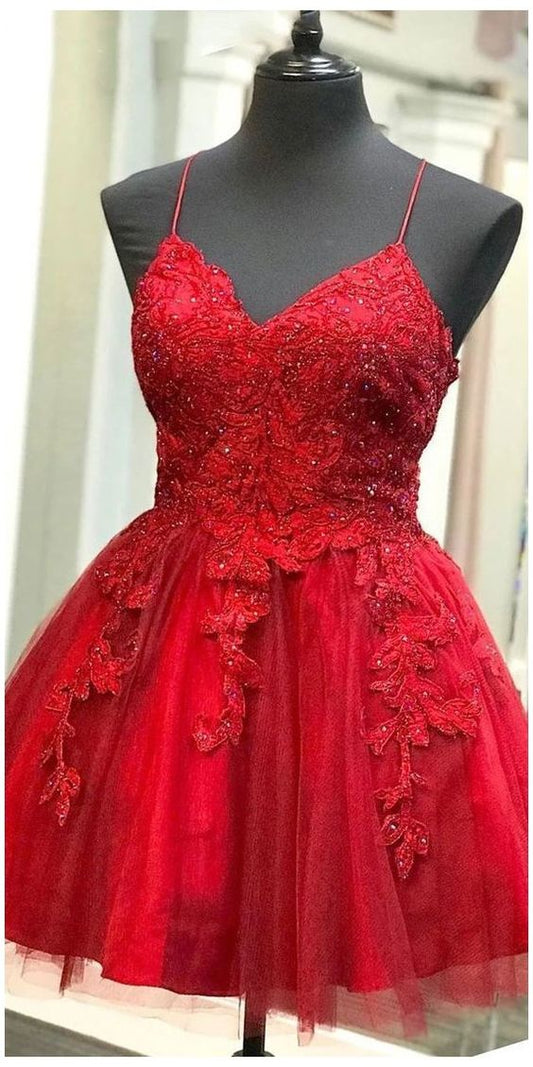 Strappy Short Homecoming Dresses Lace Applique Red  cg18140