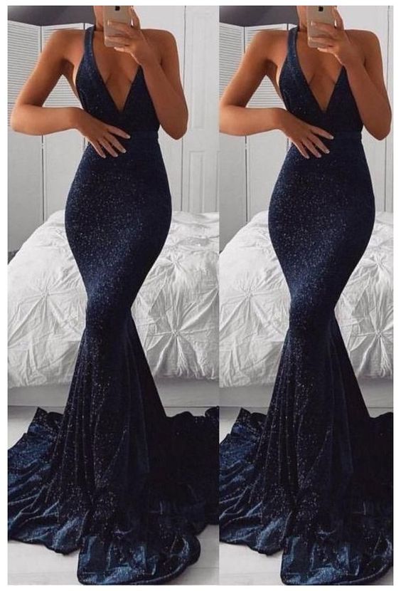 Navy blue halter mermaid sequin ruffles evening gown dress Prom Dress   cg18148