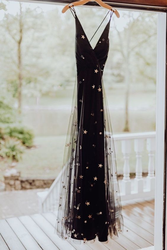 Black tulle gold star wedding dress. fashion prom gown cg1816