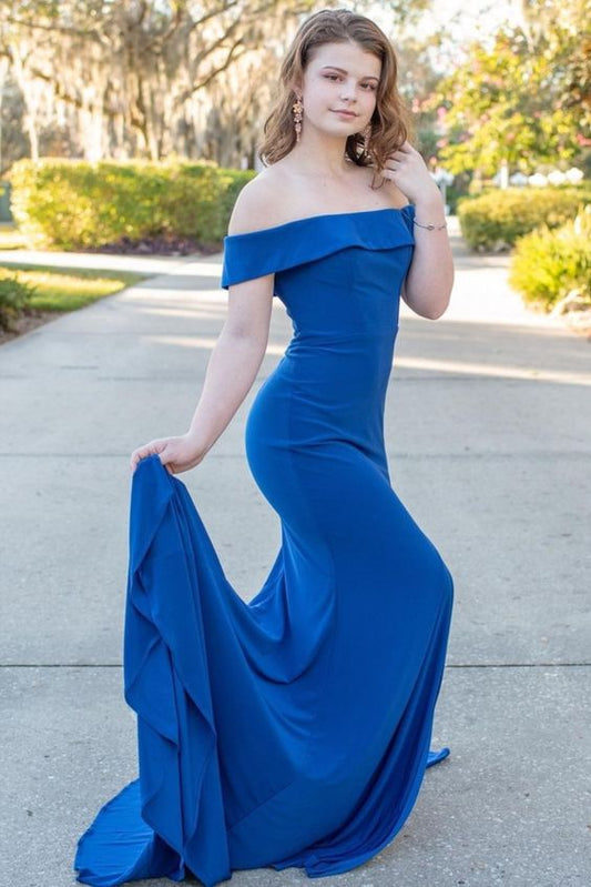 off the shoulder mermaid royal blue long formal dress prom dress   cg18184