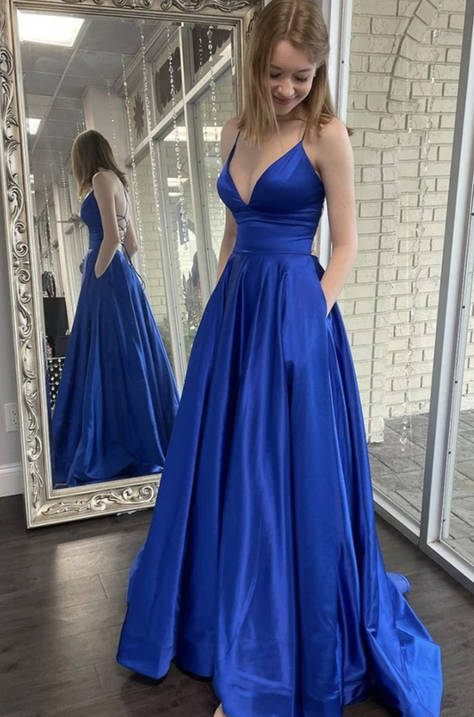 Blue satin long prom dress A line v neck evening dress   cg18201