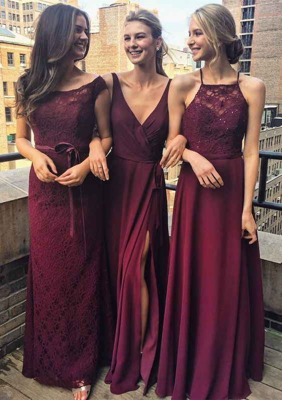 Wine Red Lace Halter Bridesmaid Dress Long Burgundy V Neck Cheap Wedding Party prom Gowns   cg18217