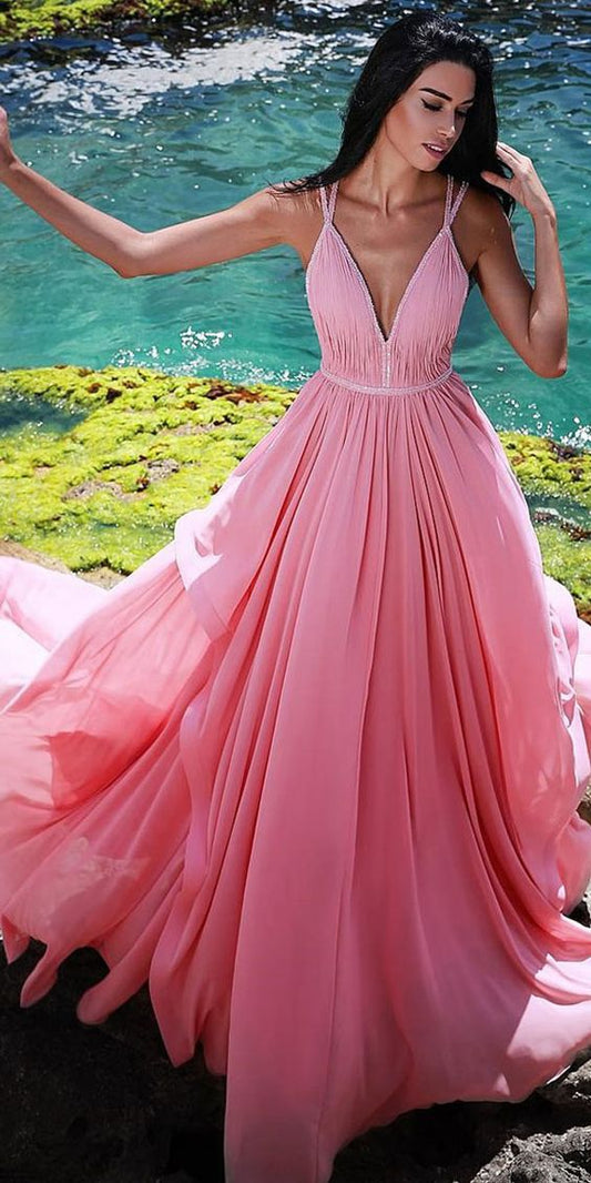 Chiffon Spaghetti Straps Neckline Floor-length A-line Prom Dress With Beadings cg1830