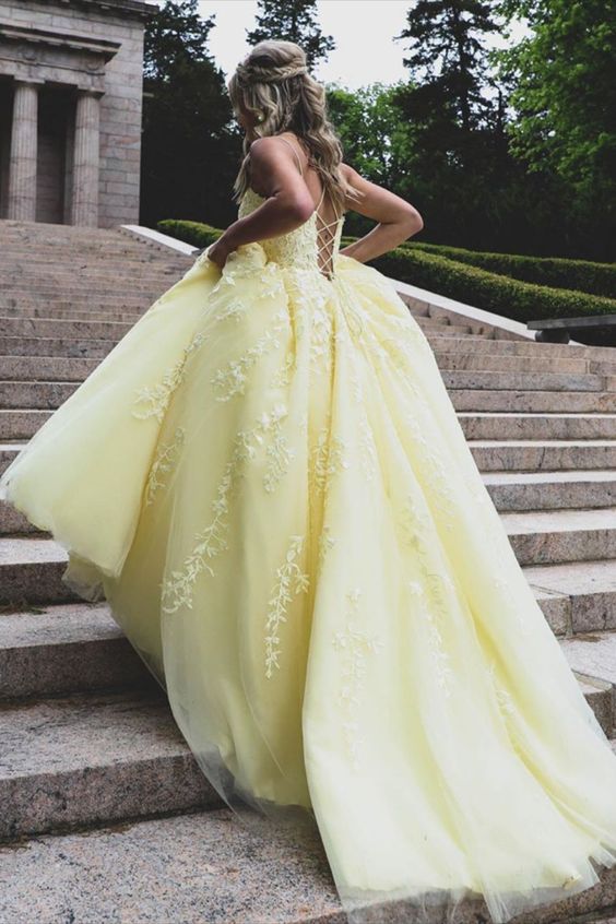lace up back yellow long prom dress formal dress with sweep train   cg18374