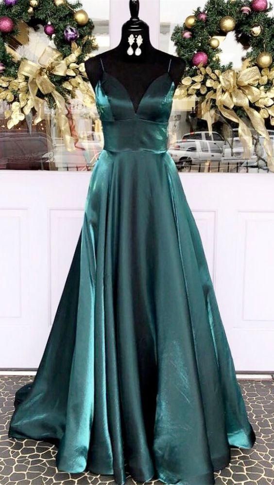 Spaghetti Straps Dark Teal Long Prom Dress, Empire Long Evening Dress   cg18380