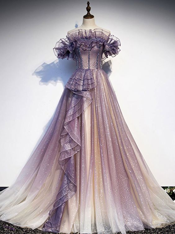 Purple tulle sequin long prom dress purple evening dress   cg18386