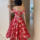 Red Lace Off Shoulder Tea Length Bridesmaid Dress, Lace Party Dress Prom Dress   cg18387