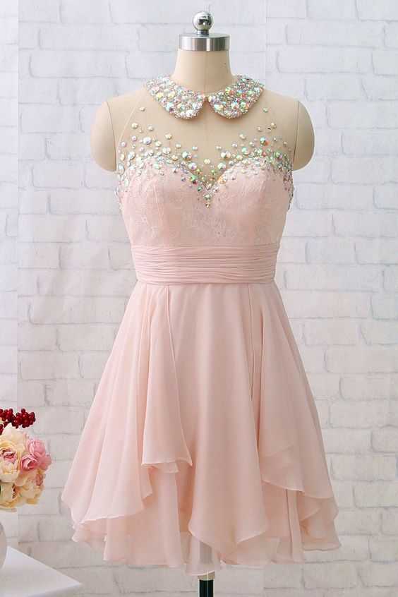 Chiffon Mini Homecoming Dress Light Pink Party Dress   cg18417