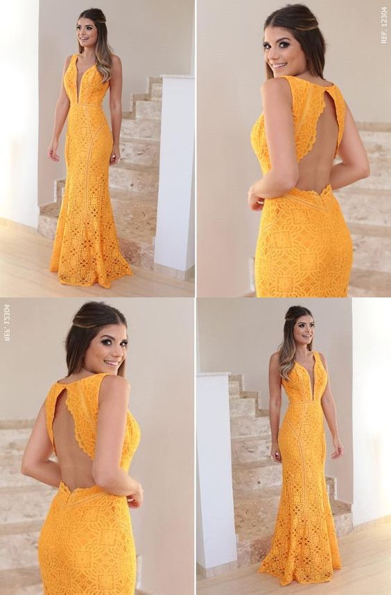Yellow Lace Prom Dress, V-Neck Long Party Dress, Backless Mermaid Evening Dress    cg18467