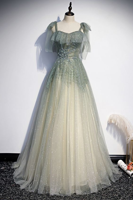off the shoulder dusty green tulle long formal prom dress  cg18479