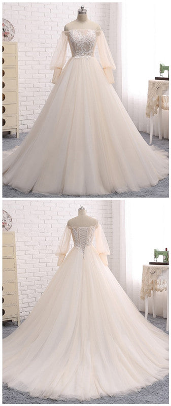 Wedding Dress, Appliqued Floral Long Sleeve Lace Bridal Gowns prom dress    cg18483