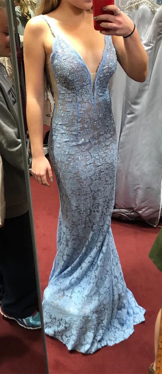 Blue Lace Prom Dress, Mermaid Long Prom Dress, Gorgeous Blue Lace Mermaid Long Evening Dress   cg18524