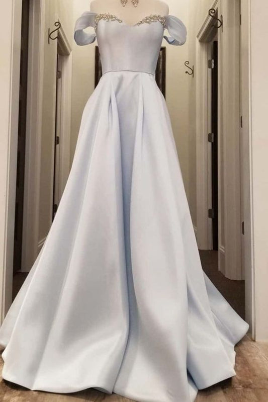 off the shoulder light blue satin long prom dress   cg18563