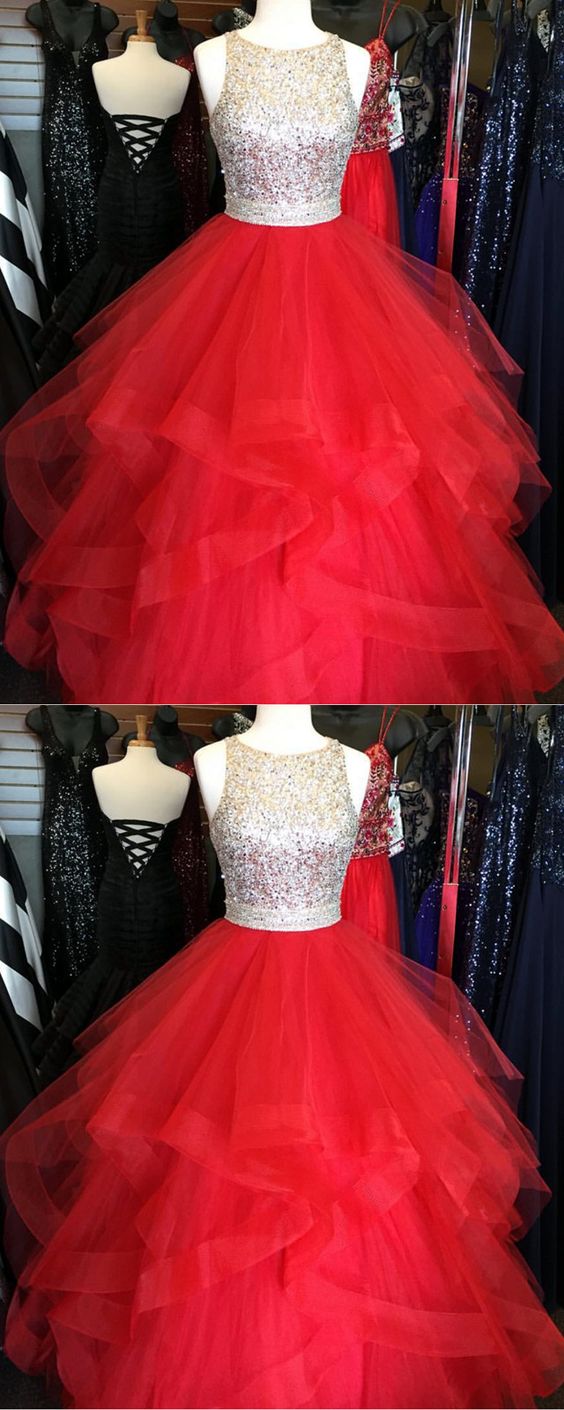 Stunning Sequins Beaded Organza Ruffles Ball Gowns Prom Dresses Red Quinceanera Dress   cg18566