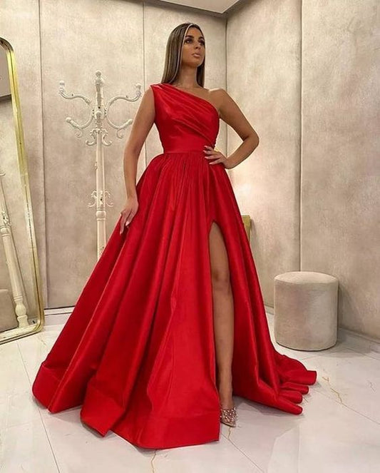 Gorgeous one shoulder satin prom slit dress, bridesmaid slit dress   cg18580