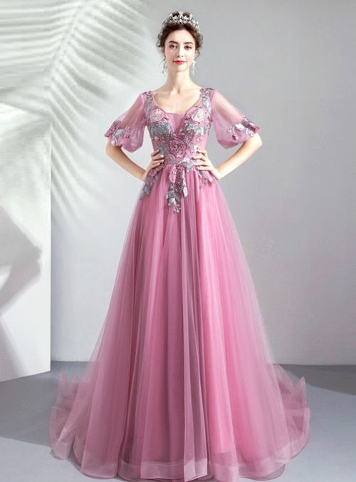 Pink Tulle V-neck Appliques Long Prom Dress   cg18596