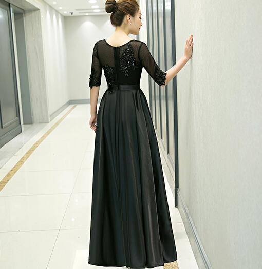 Black Satin Tulle Top Short Sleeves Bridesmaid Dress, Black Long Prom Dress Party Dress   cg18602