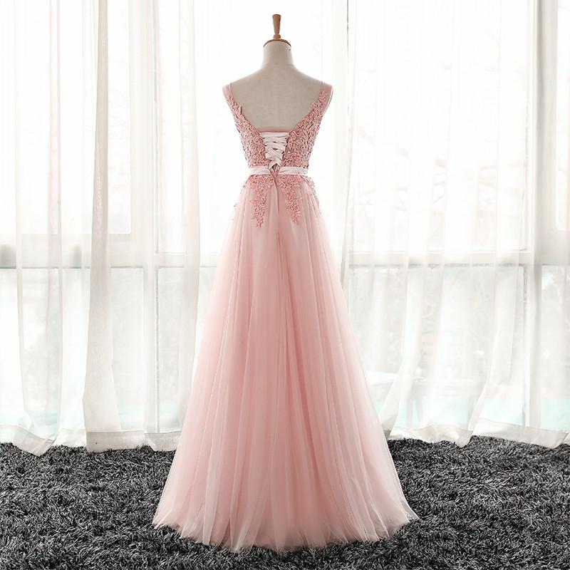 Pink Tulle V-Neckline Lace Applique Floor Length Party Dress, Pink Prom Dress 2021   cg18603