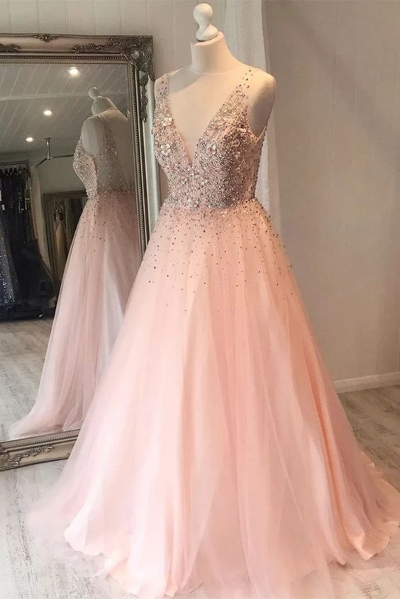 A Line V Neck Sequins Pink Long Prom Dress, Pink Formal Graduation Evening Dress   cg18618