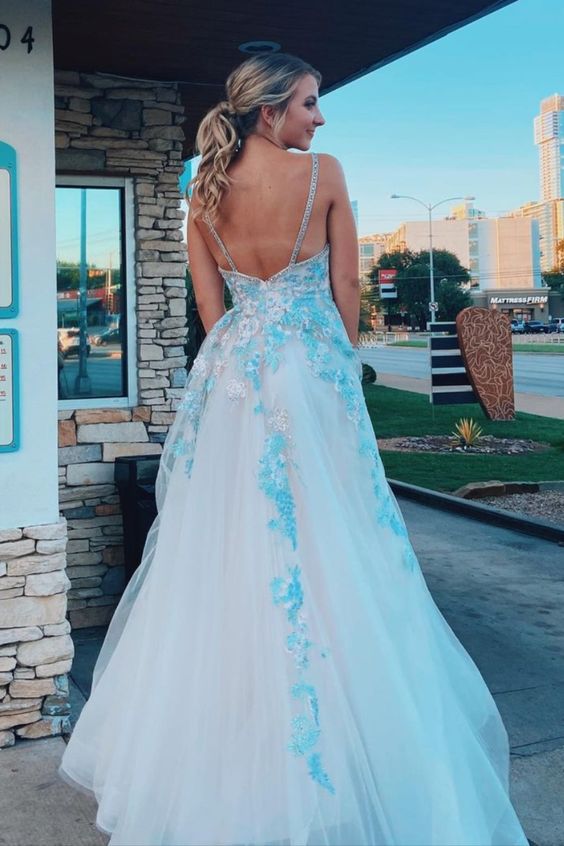 A-line white tulle and light blue embroidery long prom dress formal dress    cg18666