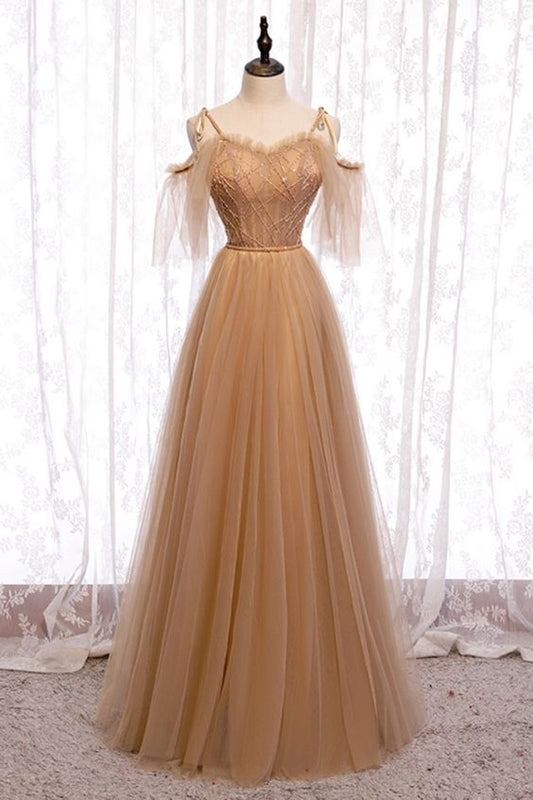 off the shoulder champagne tulle long bridesmaid dresses long prom dress formal dress    cg18667