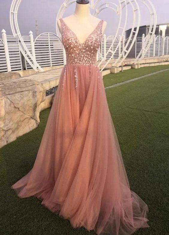 Pink V-neckline Low Back Tulle Beaded Party Dress, Pink Prom Dress, Evening Dress   cg18672