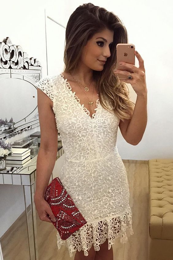 Sheath V-Neck Knee-Length Cap Sleeves Ivory Lace Homecoming Dress   cg18717