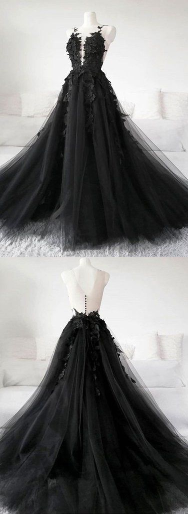 Unique Black Tulle V Neck Sheer Back Lace Applique Evening Dress, Formal Dress long prom dress   cg18718
