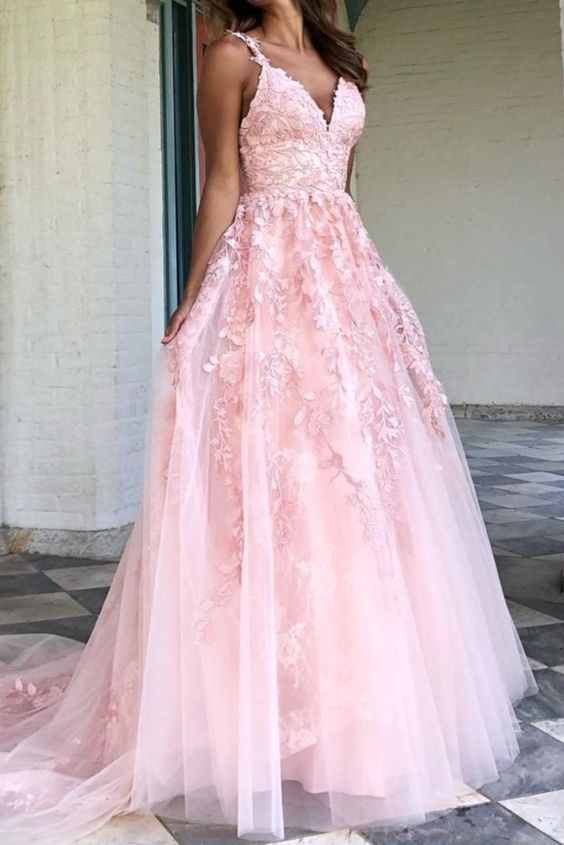 A-line pink lace appliques long prom dress formal dress    cg18728