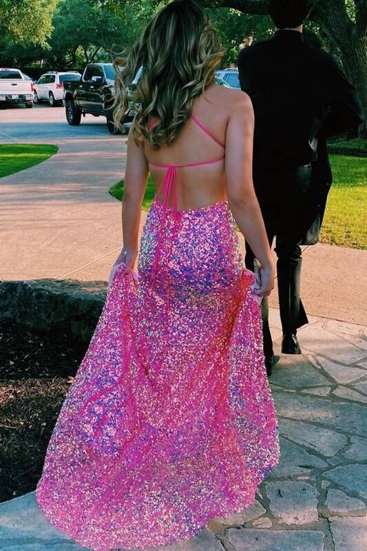 Mermaid Hot Pink Sequined Long Prom Dress with Lace up back   cg18729