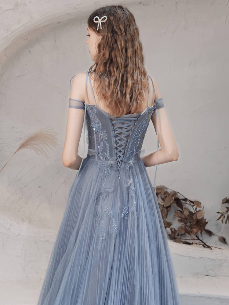 Princess A-Line Straps Beaded Dusty Blue Long Prom Dress    cg18732