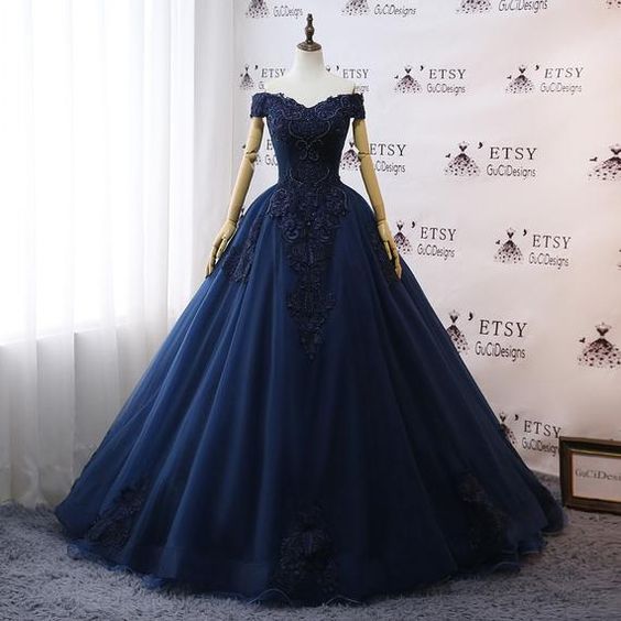 Prom Dresses Navy Blue Wedding Dresses Floral Lace Ball Gown off shoulder Evening Dress   cg18735
