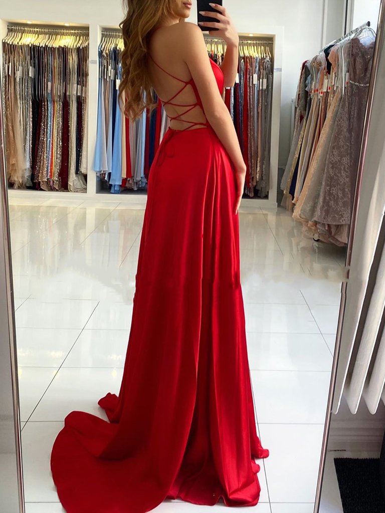 A Line V Neck Red Long Backless Prom Dresses, Red Long Backless Formal Evening Dresses   cg18739