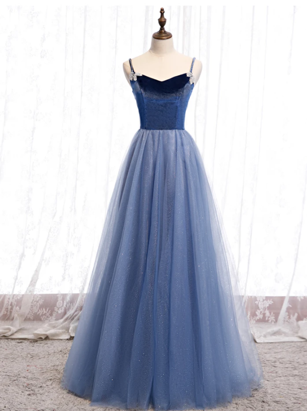 Light Blue Velvet And Tulle Long Formal prom Dress, Simple Blue Bridesmaid Dress   cg18783