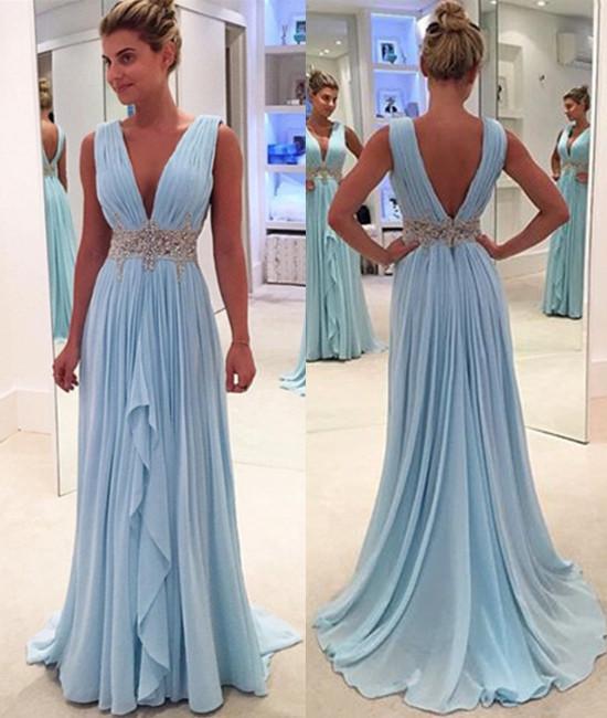 V Neck And V Back Sky Blue Prom Dresses, V Neck Sky Blue Formal Dresses   cg18817