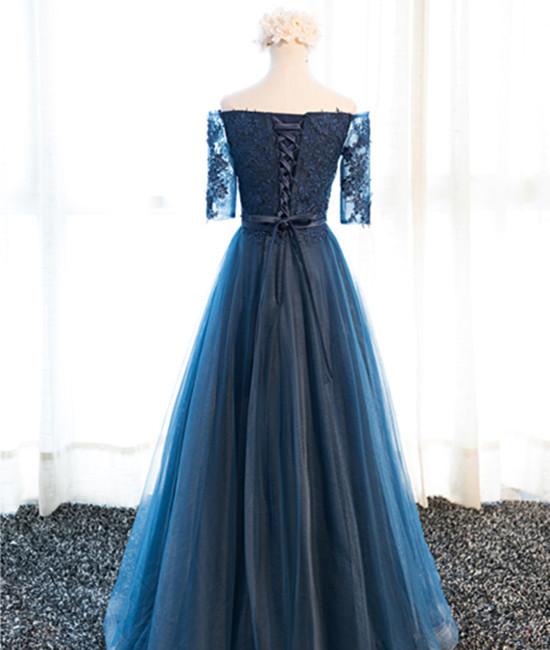 Navy Blue Half Sleeves Lace Long Prom Dresses, Navy Blue Lace Formal Dresses   cg18818