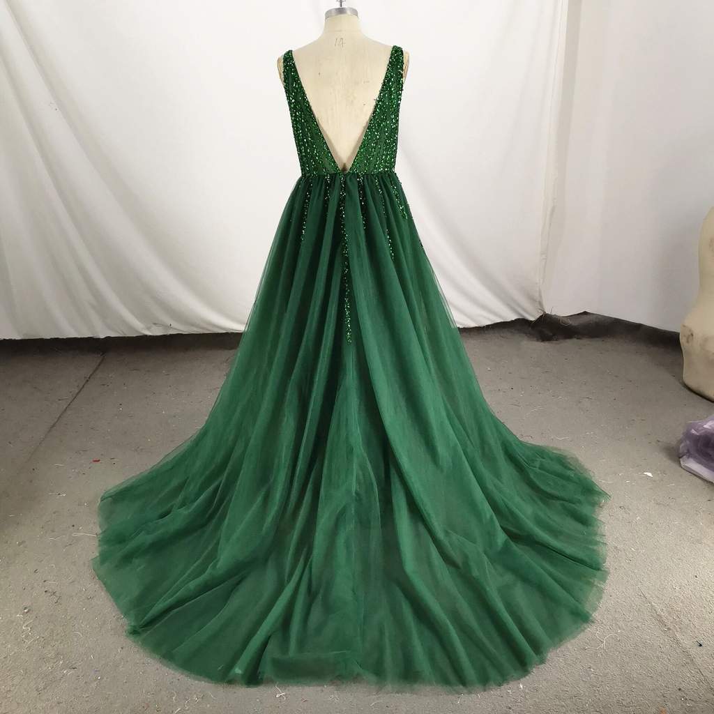 Dark Green Tulle V-Neckline Long Party prom Dress, Green Formal Gown   cg18865