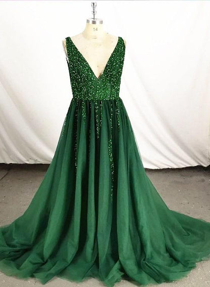 Dark Green Tulle V-Neckline Long Party prom Dress, Green Formal Gown   cg18865