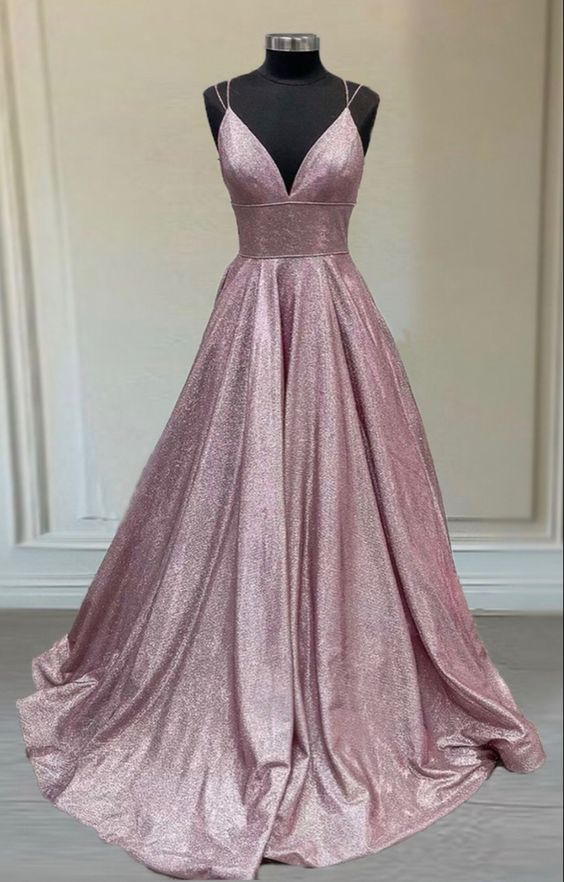 Pink glitter prom dresses v neck spaghetti straps ball gown    cg18873